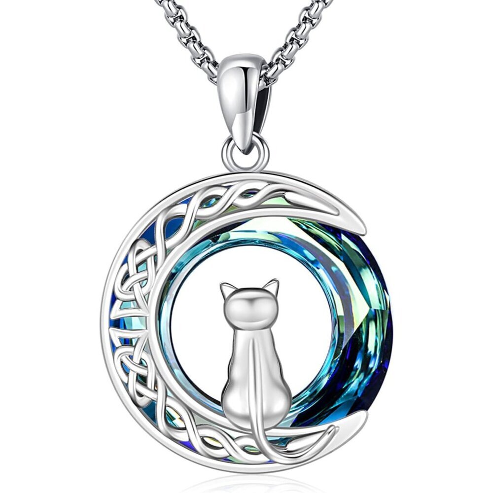 Sterling Silver Cat Necklace with Moon Pendant and Cubic Zirconia, Women's Jewel